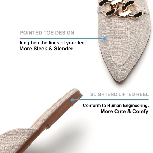 Women Flat Mules Synthetic Metal Chain Decor Pointed Toe Slip On Shoes - Picture 3 of 5